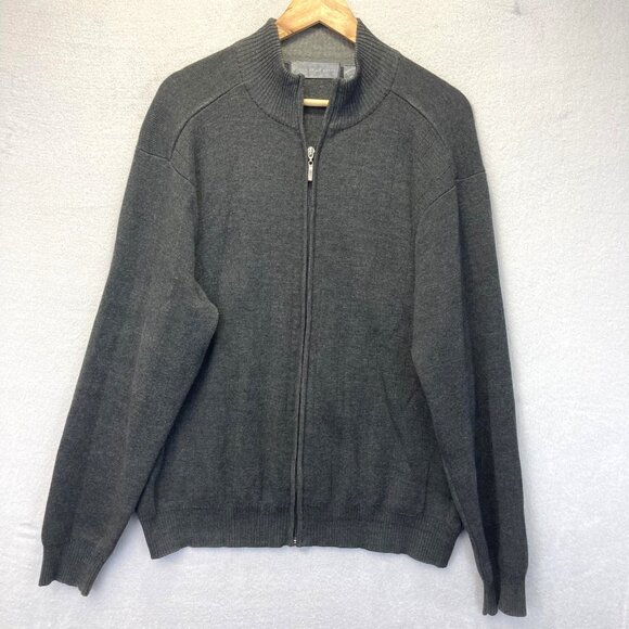 Oscar de la Renta Full Zip Up Sweater Mens XL Gray Mock Neck Ribbed Knit Dadcore - Picture 1 of 16